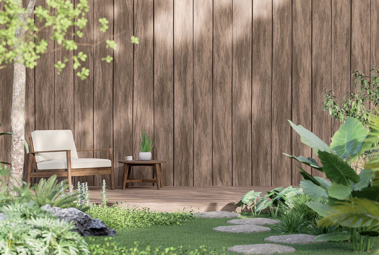 Wooden terrace in the tropical style garden 3d render