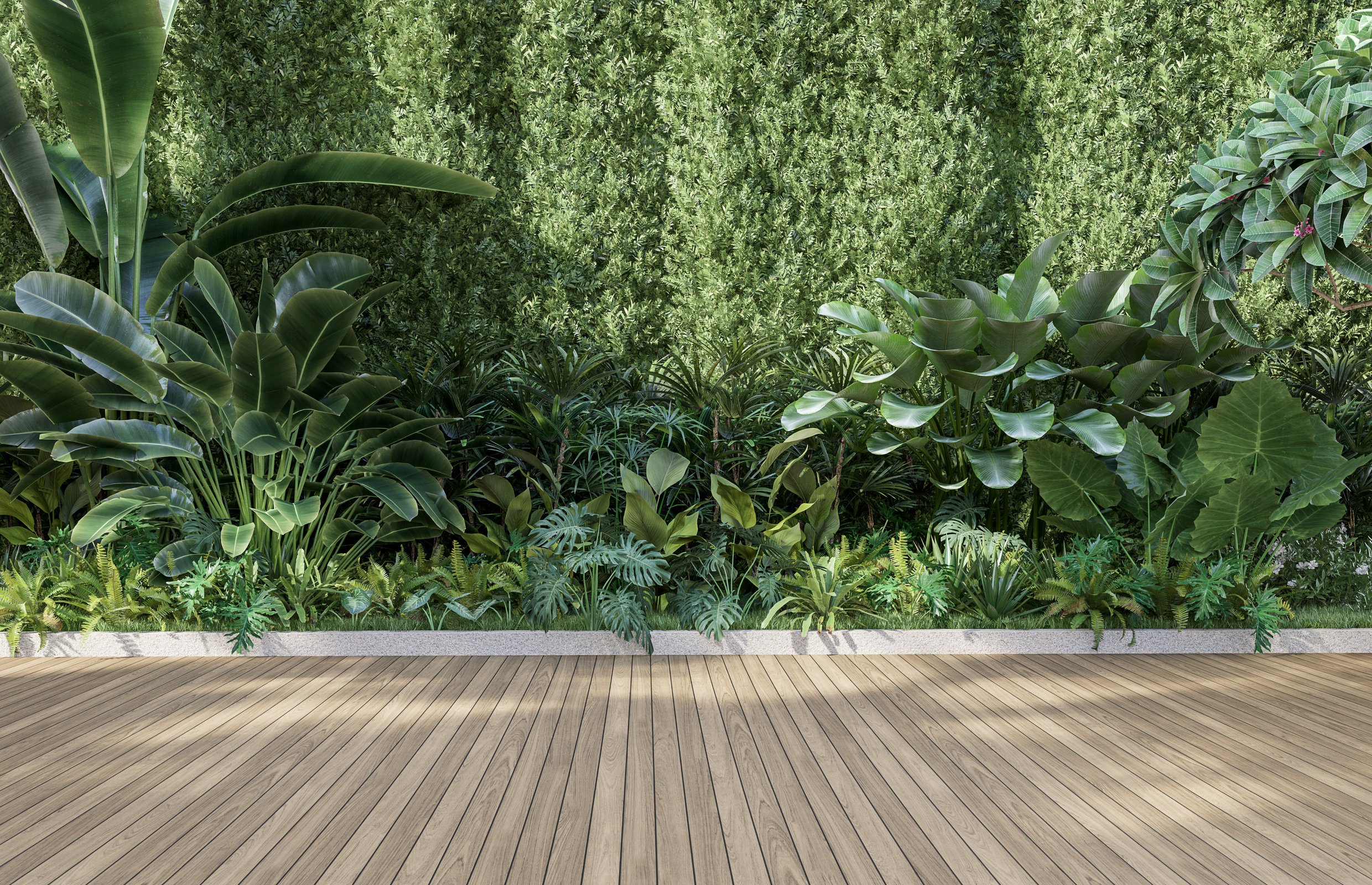 Empty Wooden Terrace with Green Wall 3d Render