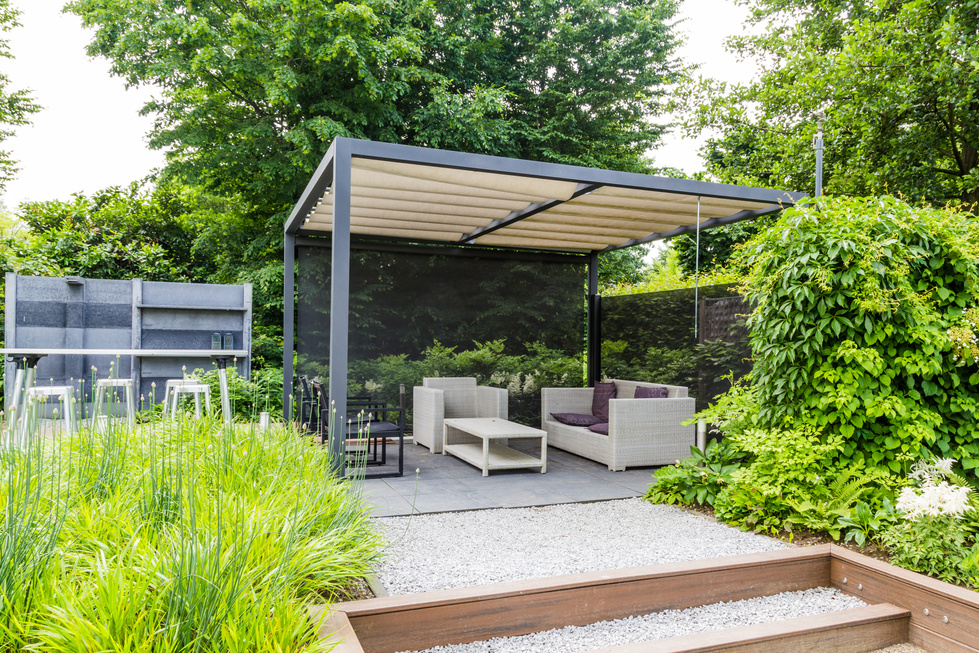 Garden Design with Metal Rooftop and Patio